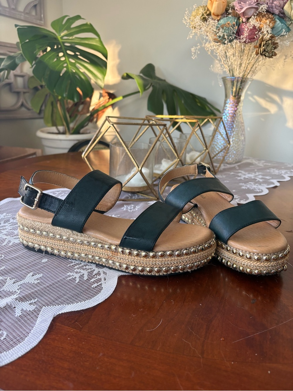 Women’s Black Platform Espadrille Sandals with Stud Trim